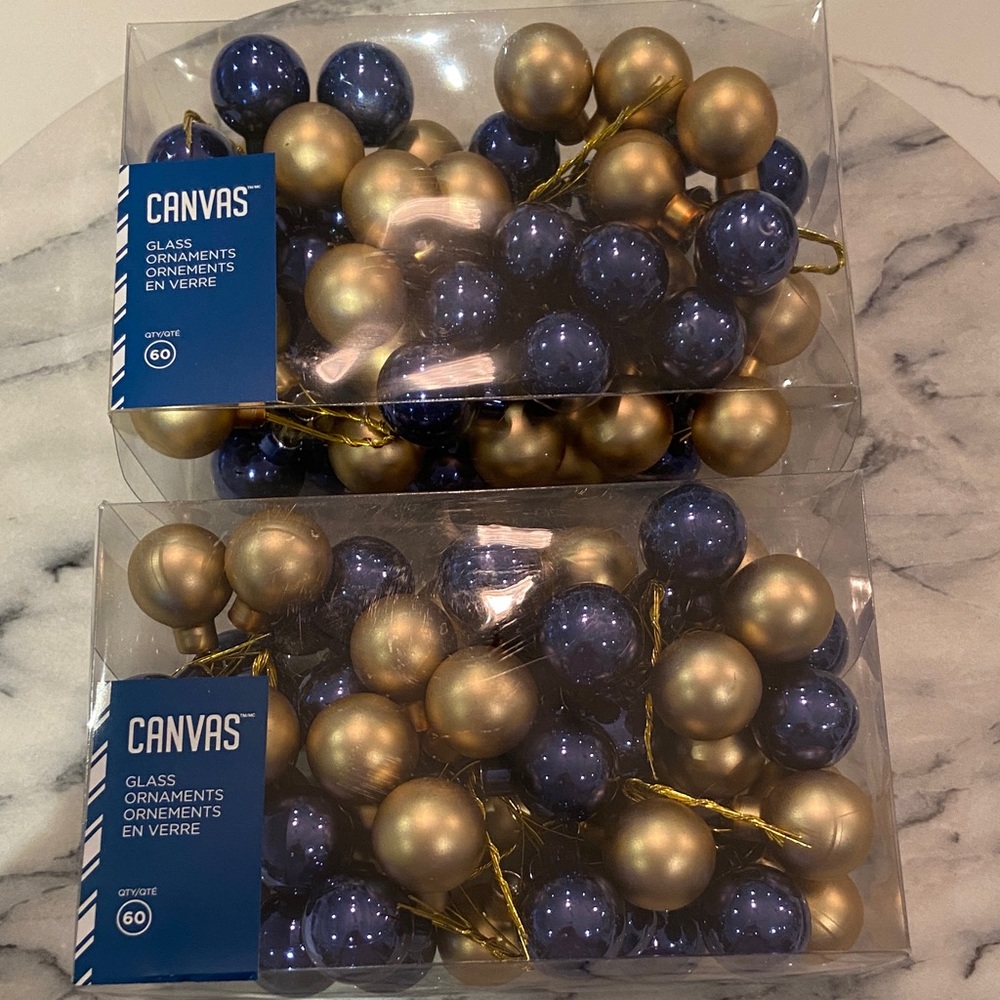 Canvas Mini Glass Gold and Blue Glass Ornaments.  New in Box.
